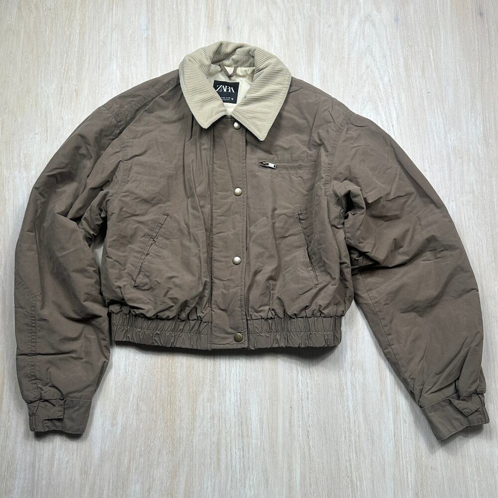 Zara Taupe Cropped Utility Bomber Jacket Corduroy Collar Gorpcore Workwear XS